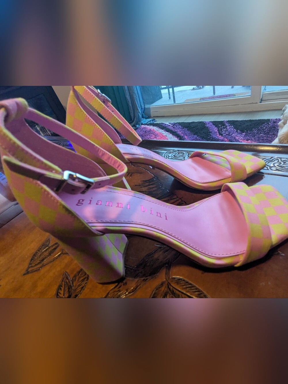 Gianni Bini Pink & Lime Check Block Heel Sandals - Picture 3 of 6